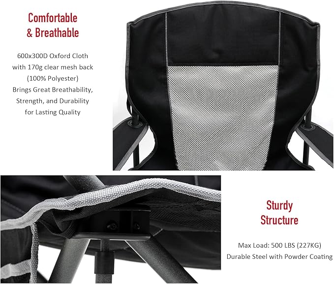 SUNNYFEEL Oversized Folding Camping Chair 500 LBS Heavy Duty Lawn Chairs for Adults Black Portable Folding with Armrest, Cup Holder, Pocket &Bag for Outdoor Camping/Beach/Travel/Picnic/Fishing