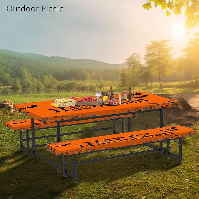 CAPSCEOLL Fitted Picnic Table Cover with Bench Covers with Elastic 8Ft Waterproof Picnic Table Cloths Windproof Outdoor Camping Tablecloth with Drawstring Bag, 96X30in, Happy Halloween