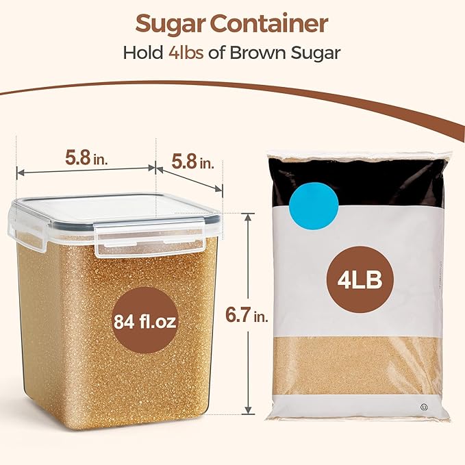 ComSaf Brown Sugar Container Set of 2 (2.5L/84Oz), Airtight Food Storage Containers with Lids and Terra Cotta Brown Sugar Saver, Plastic Canisters Sets for Kitchen, Pantry Organizers for Flour, Baking