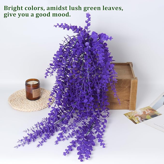 RECUTMS Artificial Hanging Plants Fake Plants Greenery Vines Aritificial Plants Eucalyptus Purple Leaves Hanging Vines Plant Colorful Outdoor Faux Vines Wall Decoration(Pure Purple)