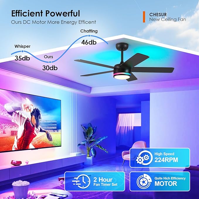 RGB Black Ceiling Fans with Lights - 46in Modern Low Profile Ceiling Fan with Lights and Remote Control, 5 Dual-Sided Blades, Reversible DC Motor, Ceiling Fan for Indoor and Outdoor