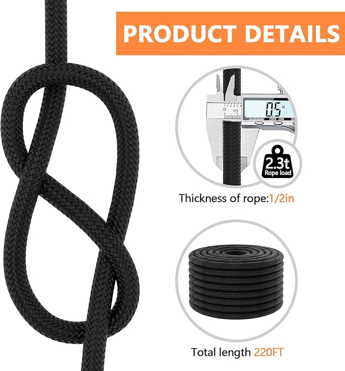 X XBEN Braided Polyester Arborist Rope 1/2 inch X 220ft, 48 Strands, 12 Inner core,5174 LBS Breaking Strength Outdoor Ropes, Arborist Rigging Rope for Rock Hiking Camping Swing Tree Rescue,Black