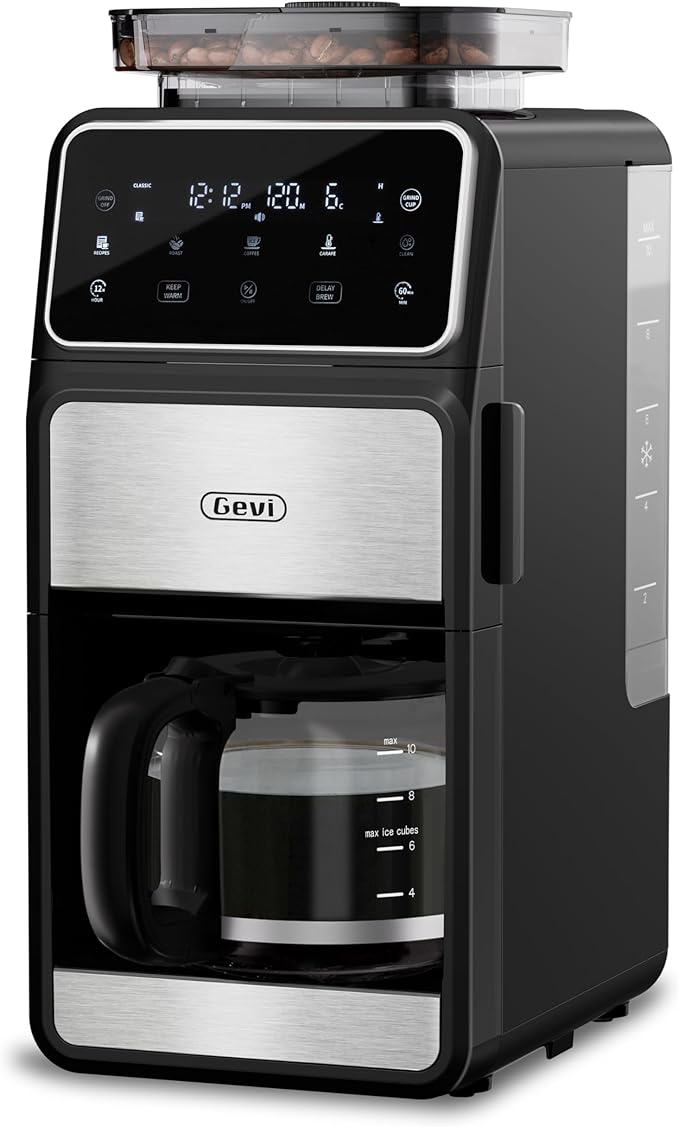 Gevi 10 Cup Drip Coffee Maker with Built-in Grinder, Grind ๏ผ Brew Burr Combo Coffee Machine with Touch Screen, Programmable, 4-Hour Warm Plate, Permanent Filter, Coffee Carafe