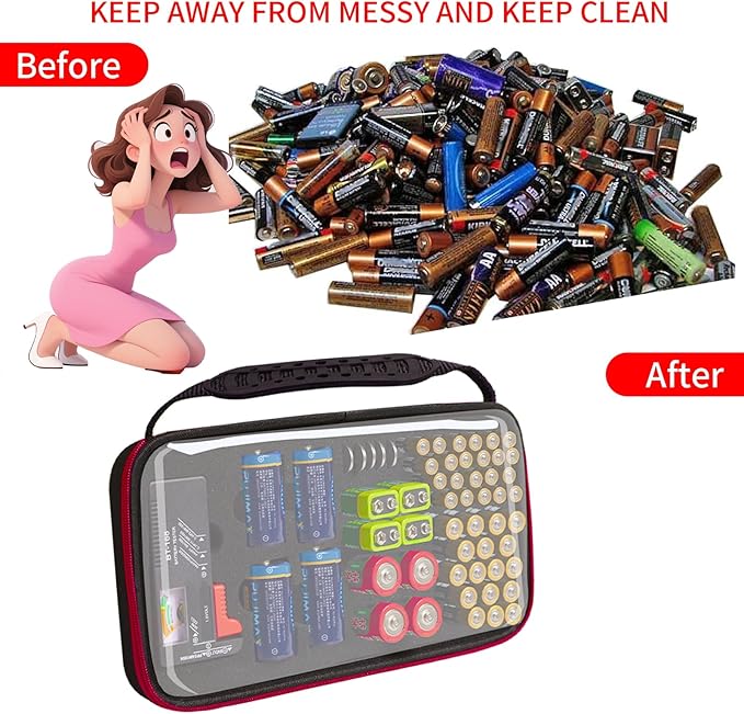 Battery Organizer Storage Case with Tester,Clear Batteries Storage Organizers Holds, Just The Right Size Slot with stable handle,Holds 57 Batteries Various Sizes(Batteries are Not Included)(Red)