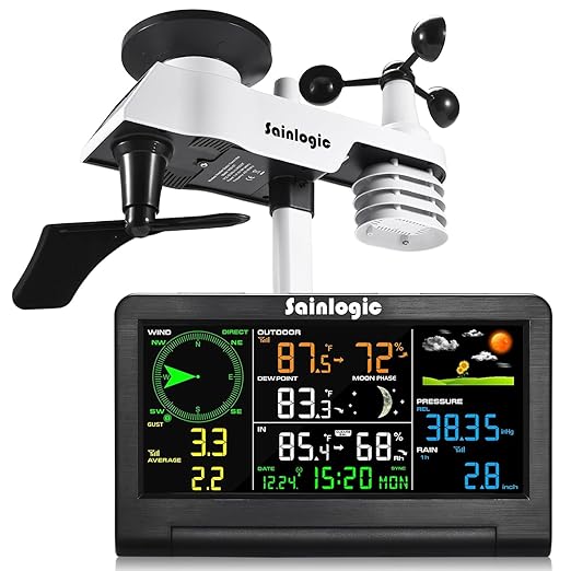 Sainlogic Weather Station Wireless Indoor Outdoor Sensor,Rain Gauge,Wind Gauge,Temperature,Humidity,Air Pressure,Forecast,Moon Phase,Alarm Clock(No WiFi)