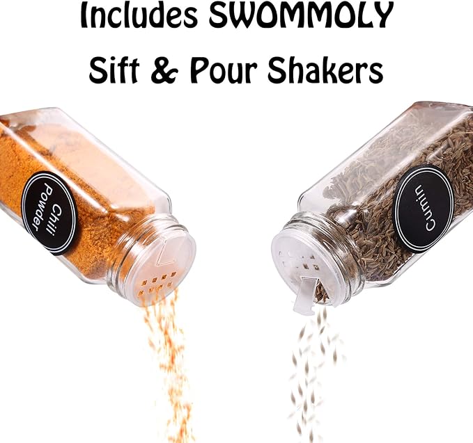 SWOMMOLY Spice Rack Organizer with 72 Empty Square Spice Jars, 340 Spice Labels with Chalk Marker and Funnel Complete Set,for Countertop,Cabinet or Wall Mount, Black