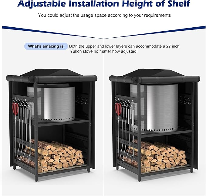 Storage Station for Solo Stove Bonfire, Yukon, Ranger, Firewood Rack Outdoor with Cover, Storage Rack for Fire Pit Accessories, with Waterproof Cover, Adjustable Shelf, Iron Black