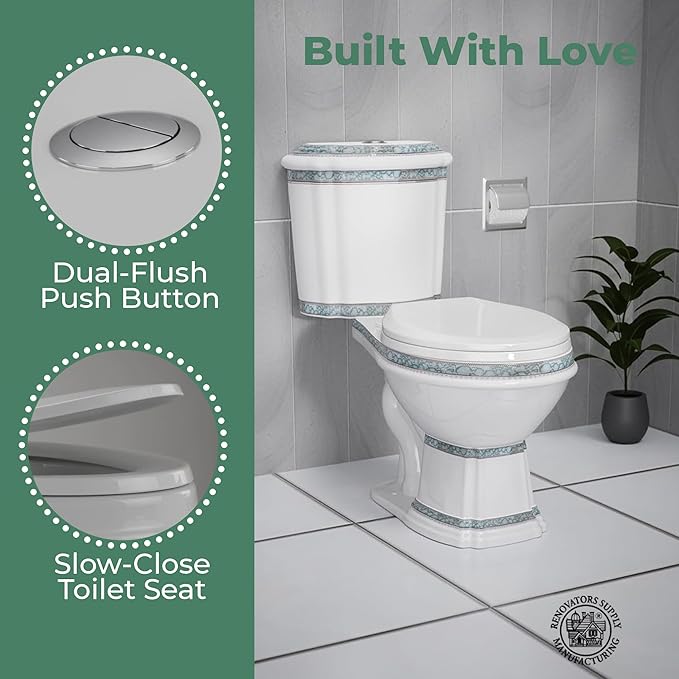 Renovators Supply India Reserve Elongated Two Piece Bathroom Toilet, Green Finish 0.8 GPF/1.6 GPF WaterSense, Porcelain Dual Flush ADA Decorative Toilet