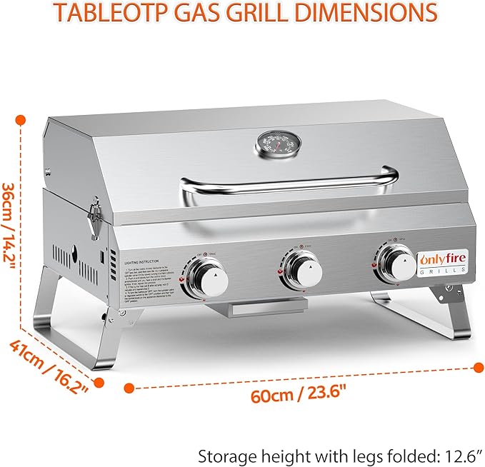 Tabletop Gas Grill 3 Burners, Stainless Steel Portable Propane Grill with Foldable Legs for Outdoor Patio Backyard Camping, Tailgating, RV Trip, Heavy Duty & 24000BTU, GS307