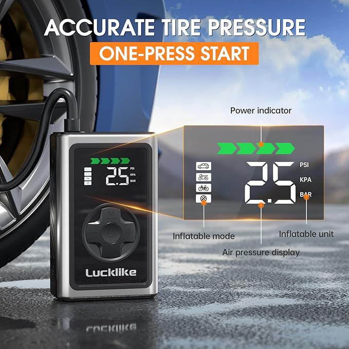 Lucklike Tire Inflator Portable Air Compressor,150PSI Portable Air Pump for Car, Bike Tire Pump with Digital Pressure Gauge, Air Pump with LED Light for Ball, Motorcycle, Bicycles