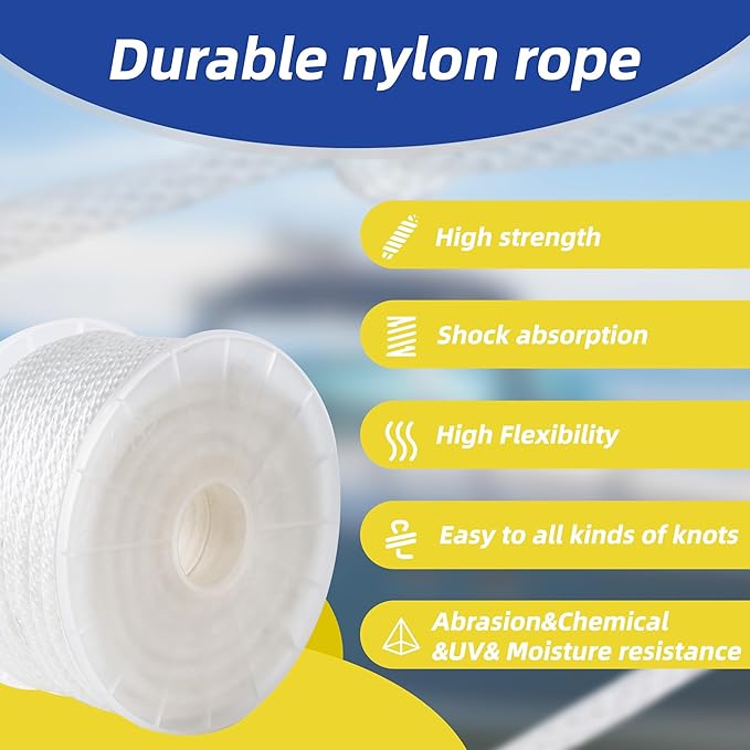 White Nylon Rope 1/4inch 100ft Braided Multi-Purpose Ropes for Outdoor&Indoor Heavy Duty for Camping, Boat, Garden, Clothesline, Marine, Soft & Flexible, High Tensile Strength