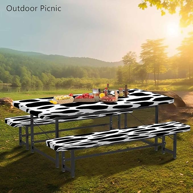 CAPSCEOLL Fitted Picnic Table Cover with Bench Covers with Elastic 6Ft Waterproof Camping Picnic Table Cover Cloths for Outdoors Camping Tablecloth with Drawstring Bag, 72X30in, Black White