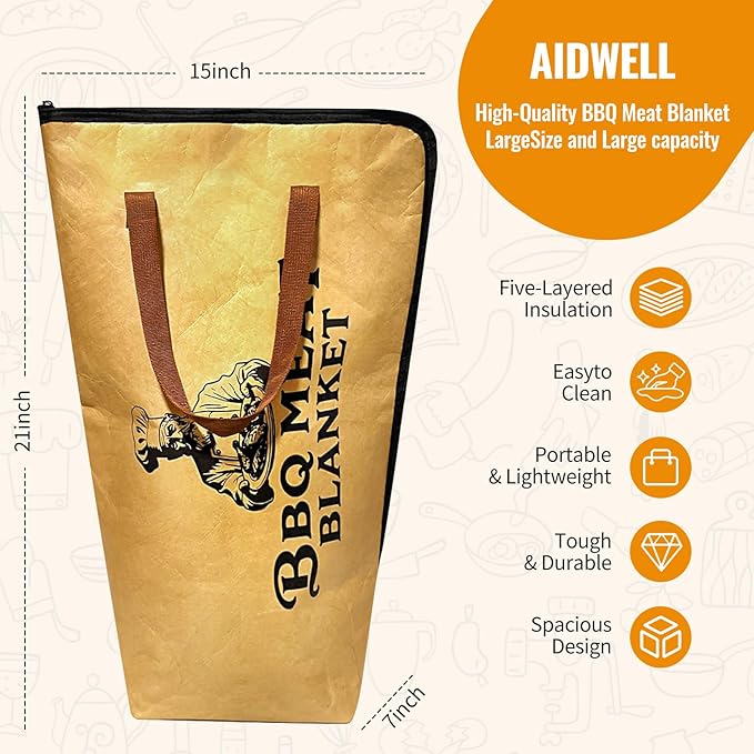 BBQ Blanket for Resting Meat(22in)Smoker Meat Resting Blanket, Reusable Smoker Grilling Meat Insulated Resting Bag with Wide Mouth L-shaped zipper for Large Brisket/Beef/Pork Shoulders/Turkeys