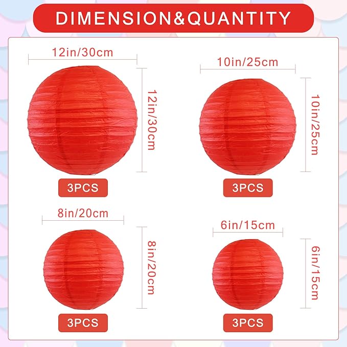 12Pcs Round Paper Lanterns Assorted Sizes (6" 8" 10" 12") for Home Decor, Restaurant, Church, Wedding, Birthday Party Decorations, Hanging Chinese Japanese Paper Lantern Lamps (Red)