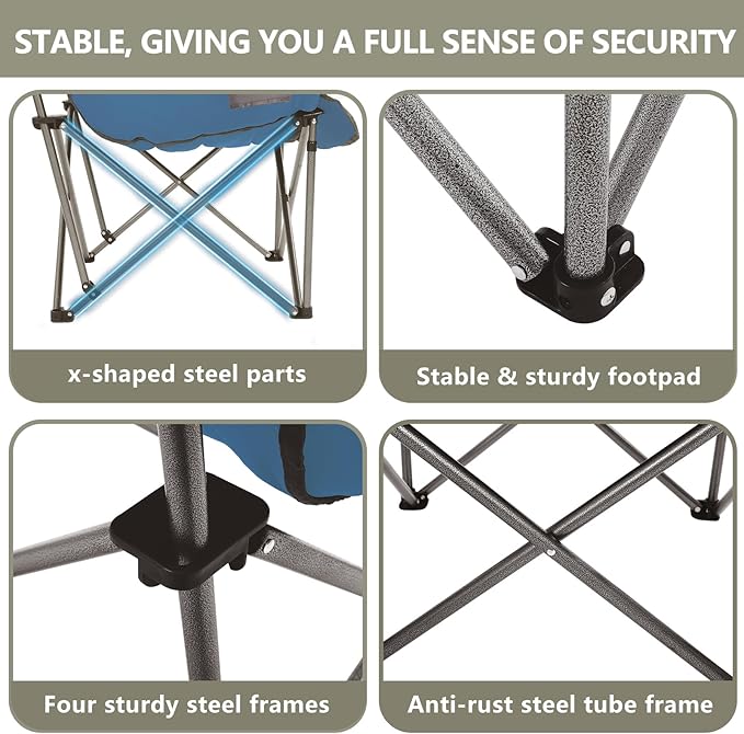 Oversized XL Padded Camping Chair Wide Heavy Duty Lawn Chairs Support 450 LBS Portable Folding Gaint Plus Camp Chair with Side Pocket Cup Holder for Outdoor Outside Sports Baseball-Blue