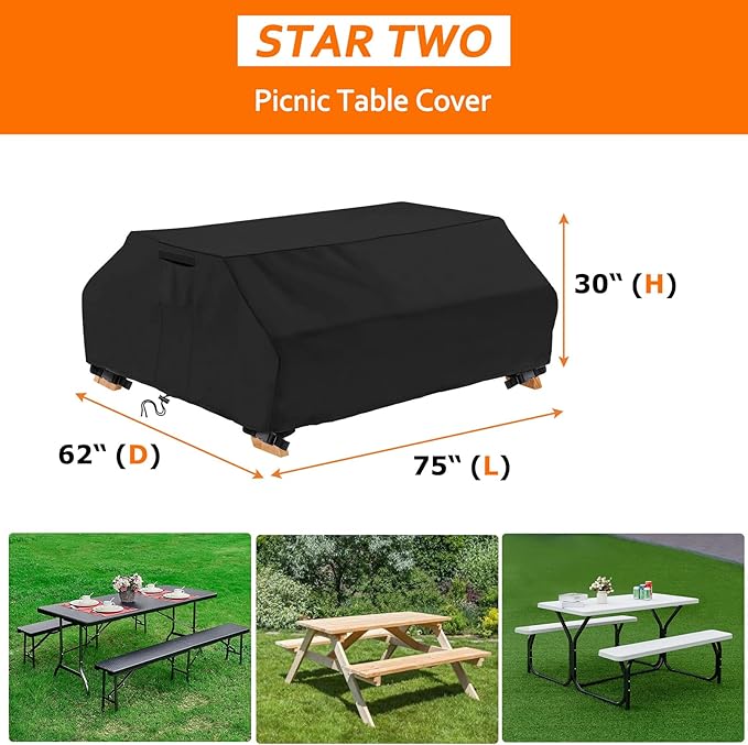 STARTWO Waterproof Picnic Table Cover Outdoor Patio Bench Covers for 6 ft Picnic Table Bench Set Windproof 70 / 72 Inch Black
