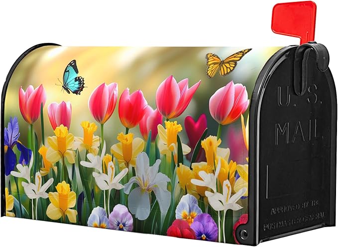 Spring Flowers Mailbox Covers Magnetic Large Size 25.5''x21'' Floral Butterfly Letter Box Wrap Spring Summer Seasonal Waterproof Post Letter Box Wrap Decor for Home Outdoor Garden Yard