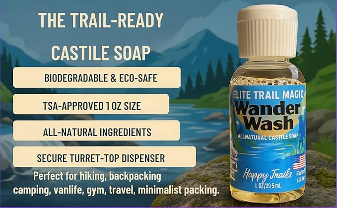 Elite Trail Magic- Wander Wash Biodegradable Castile Soap โ Ultralight 1 oz Concentrated Liquid Soap for Camping, Travel & Backpacking โ All Purpose, Unscented, Made in USA