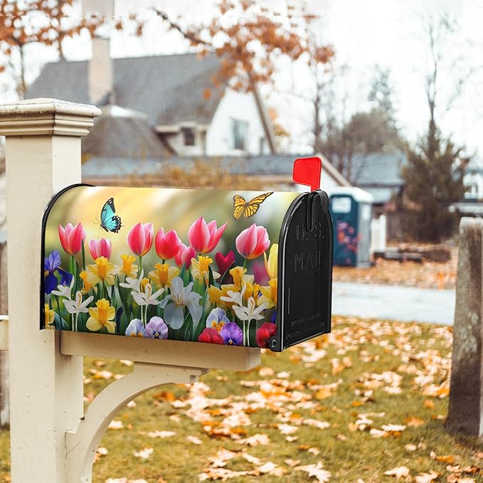 Spring Flowers Mailbox Covers Magnetic Large Size 25.5''x21'' Floral Butterfly Letter Box Wrap Spring Summer Seasonal Waterproof Post Letter Box Wrap Decor for Home Outdoor Garden Yard