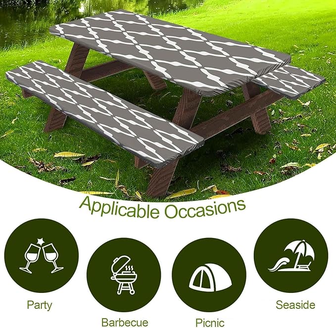CAPSCEOLL Elastic Picnic Table Cover with Bench Covers 5Ft Waterproof Fitted Picnic Table Cover Cloths for Outdoors Camping Tablecloth with Drawstring Bag, 60X30in, White Grey