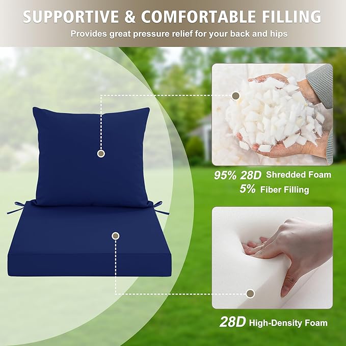 Outdoor Chair Cushions, Waterproof Outdoor Cushions for Patio Furniture w/Fade-Resistant, Removable & Machine-Washable Covers, 19x19 Inch, Ideal for Seat in Gardens/Porch – Set of 1/2/4, Navy Blue
