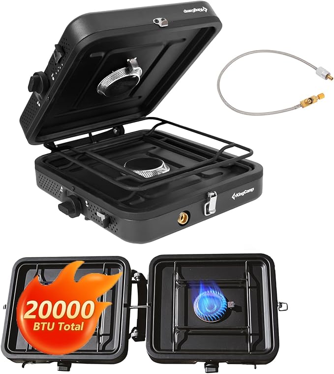 KingCamp 2 Burner Camping Stove,Portable Folding Stove with 20000 BTU,Backpacking Camp Stove for Outdoor Cooking,2 Adjustable Burners & Piezo Ignition for BBQ Hiking Backpacking Camping