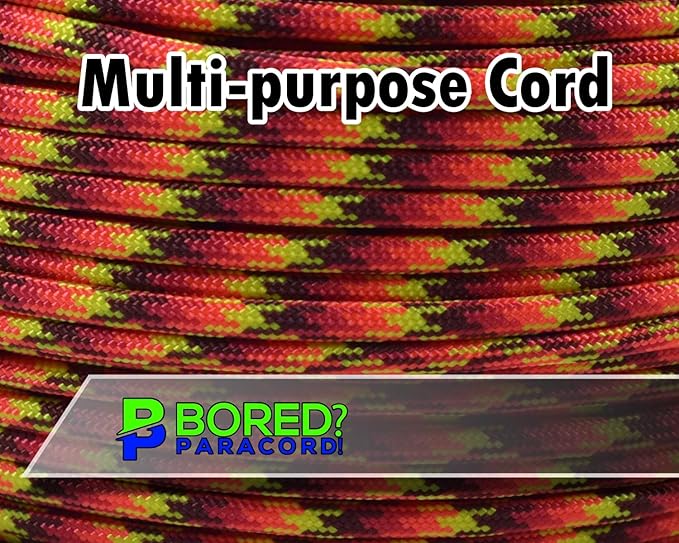 BORED? PARACORD! 550 lb Paracord - Ideal for Crafting, Camping, DIY Projects, Active & Military Outdoors - Strong Survival Rope - Tactical Parachute Cord Type III - Fireball 100 Feet