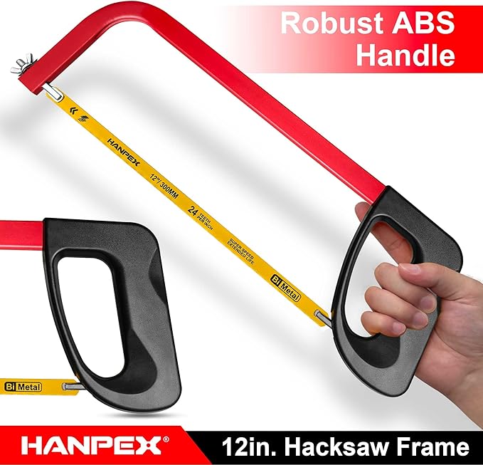 12in. High-Tension Hacksaw Frame with 24 TPI Bi-metal Blade, Hand Saw Suitable for Metal, wood, PVC, Carpentry(Black Handle)