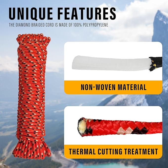 Diamond Braided Polypropylene Rope Nylon Rope Mix Thick Heavy Duty Ropes 3/8 inch 100ft High Strength Perfect for Clothesrope Camping Hiking and Other Outdoor Activities 100ft Red
