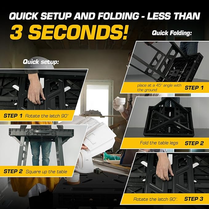 Express Folding Work Table, Easy Setup Portable Folding Work Table & Portable Folding Workbench, 34" W x 25" D x 31" H Lightweight Versatile Clamping Worktable for Garage/Wood Shop (Black)