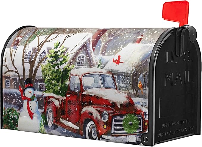 Red Buffalo Plaid Winter Snowman Mailbox Covers - Xmas Decorations, Magnetic, Waterproof, Standard Size 25.5x21 inch for Garden Yard Home Decor