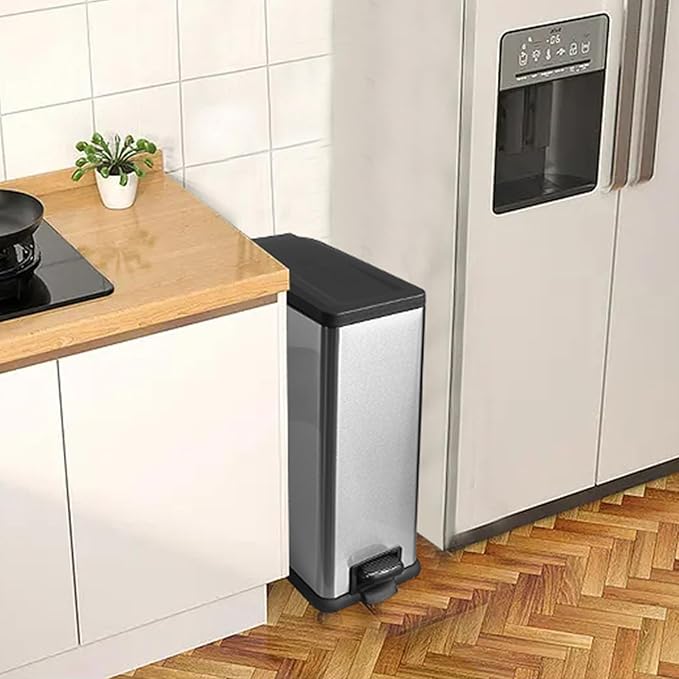 12 Gallon Trash Can with Lid,45L Kitchen Garbage Can,Stainless Steel Trash Can for Narrow Spaces with Soft-Close Lid, Inner Bucket, and Step-on Pedal