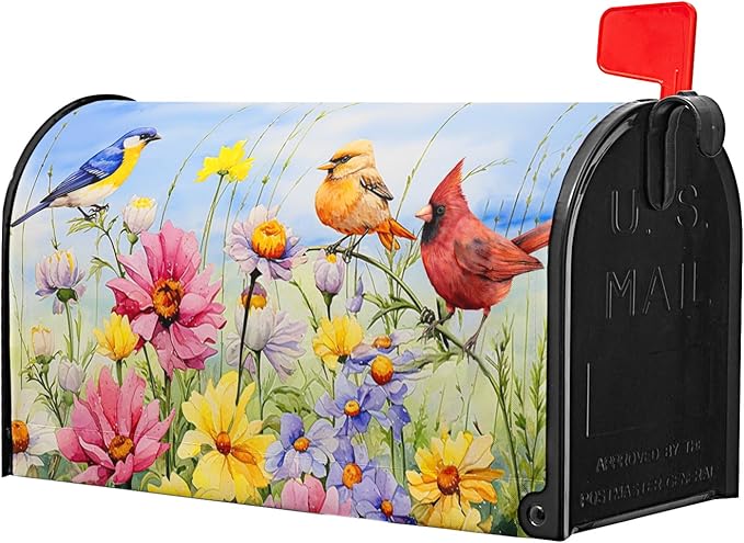 Hummingbird Bird Mailbox Covers Magnetic Standard Size 21’’x18’’ Spring Blooming Flowers and Birds Decorative Waterproof Mailboxes Wraps Letter Post Box Cover for Home Outdoor Garden Yard