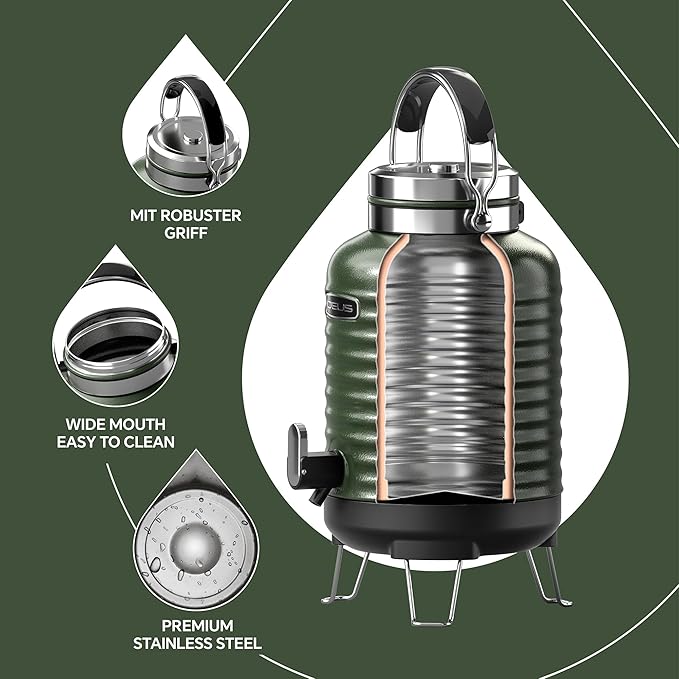 IDEUS Insulated Beverage Dispenser 5.2L, All-in-one for Camping Vacuum Double-Wall Stainless Steel Water Cooler Coffee Carafe Jug Leakproof Drink Container with Handle, Spigot & Stand (Green)