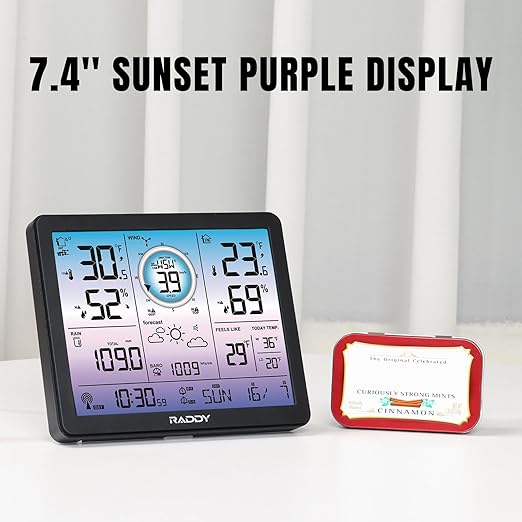 Raddy VP7 5-in-1 Weather Station Wireless for Indoor Outdoor | 7.4" Large Digital Color Display, with Barometer, Rain Gauge, Wind Speed, Atomic Clock, Weather Forecast, Temperature Humidity Monitor