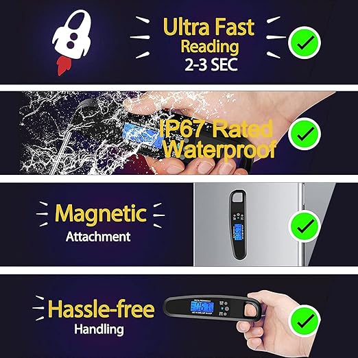 Instant Read Meat Thermometer for Kitchen Cooking, Ultra Fast Precise Waterproof Digital Food Thermometer with Backlight, Magnet and Foldable Probe for Deep Fry, Outdoor BBQ, Grill(Black)