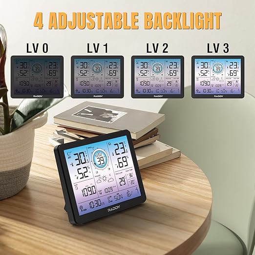Raddy VP7 5-in-1 Weather Station Wireless for Indoor Outdoor | 7.4" Large Digital Color Display, with Barometer, Rain Gauge, Wind Speed, Atomic Clock, Weather Forecast, Temperature Humidity Monitor