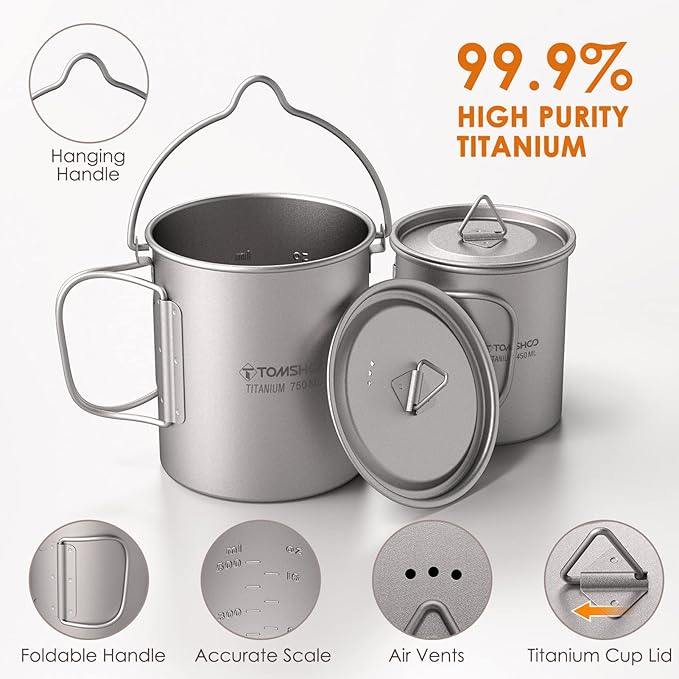 TOMSHOO Titanium Pot with Lid - Camping Mug with Foldable Handle for Hiking, Travelling, Backpacking