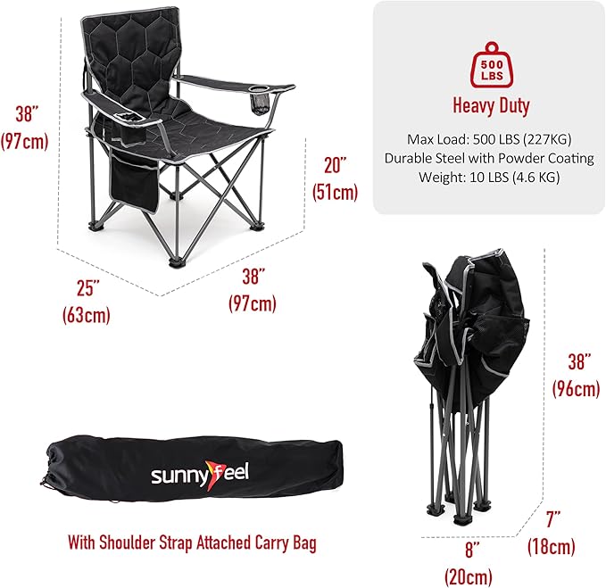 SUNNYFEEL Oversized Folding Camping Chair 500 LBS Heavy Duty Lawn Chairs with Black Portable Folding with Armrest, Cup Holder, Pocket &Bag for Outdoor Camping/Beach/Travel/Picnic/Fishing