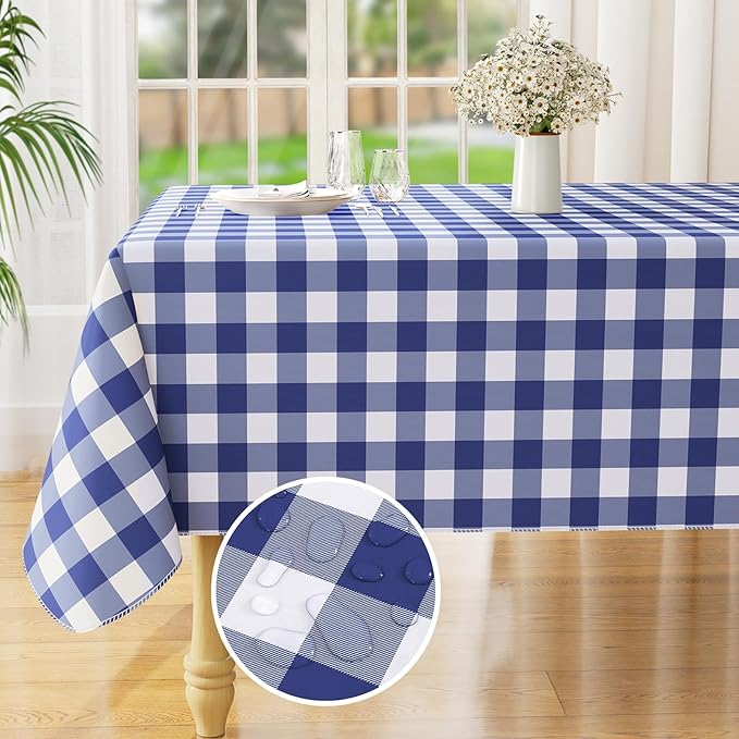 misaya Rectangle Waterproof Vinyl Table Cloth, Buffalo Flannel Backed Tablecloth, Wipeable Plastic Table Cover for Dinner, Kitchen, Outdoor (60" x 120", White and Navy)