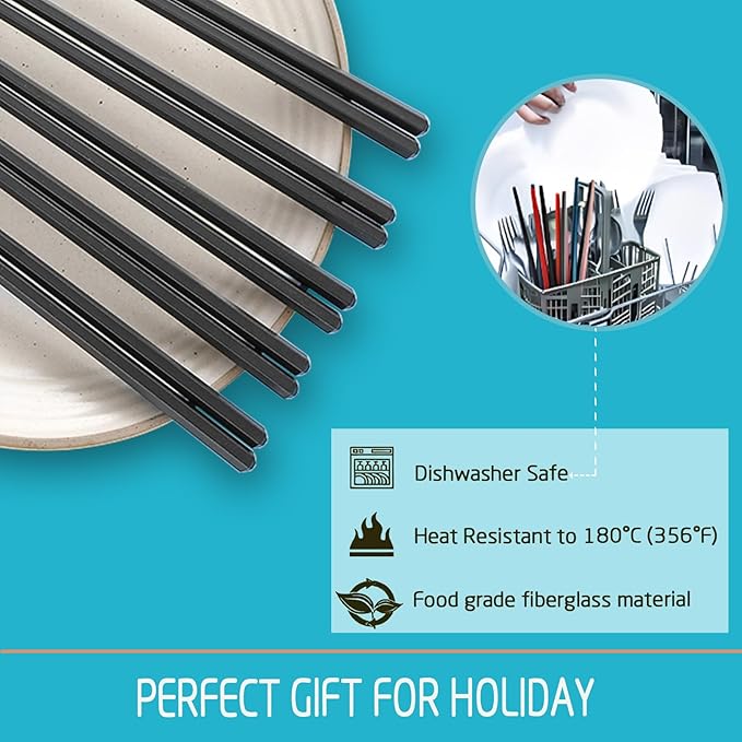 100 Pairs Hexagonal Fiberglass Sushi 24cm/9.4 Inch Dishwasher Safe Non-Slip Chopsticks,Japanese Style Black for Restaurant & Party.