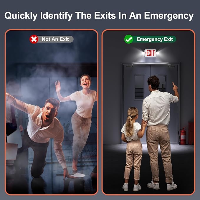 Led Exit Sign Emergency Light Combo Adjustable Two Head,Double Sided and Battery Backup Exit Light,Red Letter Hardwired Emergency Exit Sign,AC 120/277V,UL Listed,Ceiling&Wall Mount (1 Pack)