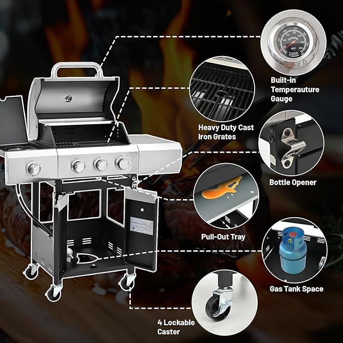 3-Burner Propane Gas BBQ Grill with Side Burner, 40,500 BTU Stainless Steel Gas Grill with Rain Cover for Outdoor, Camping, Barbecue Grilling Backyard Cooking (3+1 burner)