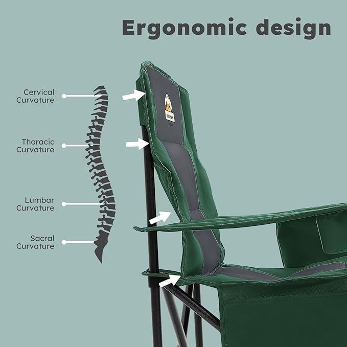 Oversized Folding Camping Chairs - 450 LBS Support Heavy Duty Camp Chair with Padded Cushion, Portable Outside Chairs with Carry Bag,Cooler, Cup Holder for Outdoor, Lawn, Sports - Green