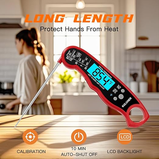TP-01 Waterproof Digital Instant Read Meat Thermometer with 4.6 Folding Probe Backlight Calibration Function for Cooking Food Candy, BBQ Grill, Liquids,Beef(Red)