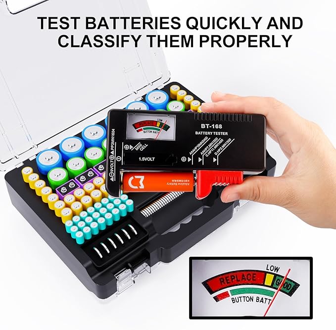 Battery Organizer Storage Holder Box Case with Tester, Ultra-Large 262+ Batteries Container with Double-Sided, Holds AA AAA 4A 23A C D Cell 9V 3V Lithium 4LR44 CR3 CR123A 18650 (Black)