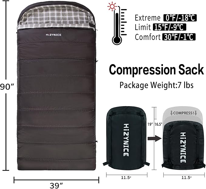 0 Degree Sleeping Bag 100% Cotton Flannel XXL for Adults Big and Tall Cold Weather Winter Zero Degree Camping,Free Compression Sack