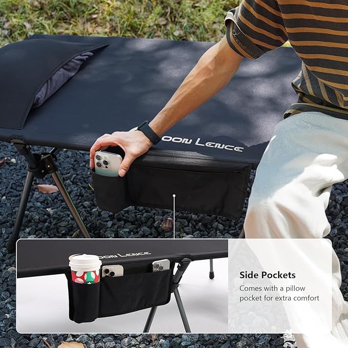 MOON LENCE Height Adjustable Camping Cot - Supports 330 lbs, Portable Folding Bed with Leg Extenders & Camping Pillow for Camping, Hiking, Sleeping, Black