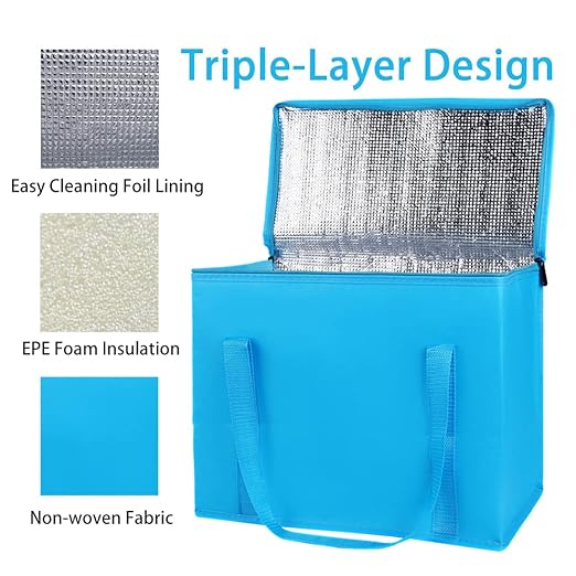 Bodaon 5-Pack Cooler Insulated Food Delivery Bag, Thermal Hot Pizza,X-Large Bags With Top Zippered for Grocery/DoorDash/Catering/Shopping, Large Cold and Frozen Door Dash Accessories, XL Tote, Blue