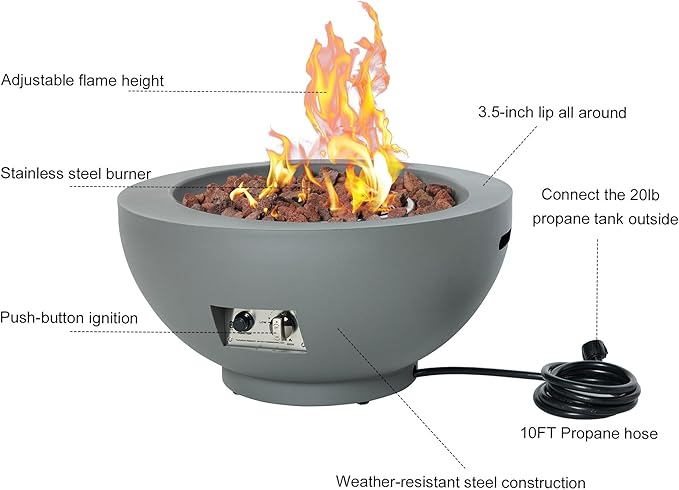 28-Inch Propane Fire Pit with Natural Gas Conversion Kit, 50,000 BTU Round Gas Fire Pit Table, Outdoor Fireplace Fire Bowl Firepit with Lid, Lava Rocks, Cover, Pre-Attached 10FT Propane Hose, Gray